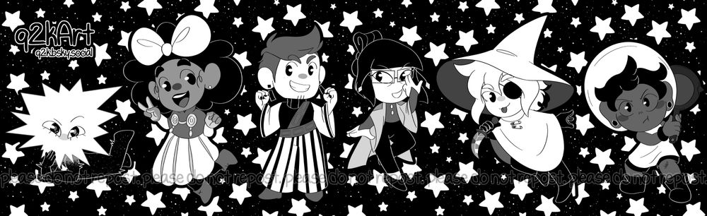 Chibis featuring Loop, Mirabelle, Isabeau, Odile, Siffrin, and Bonnie from the game In Stars and Time with a starry background.