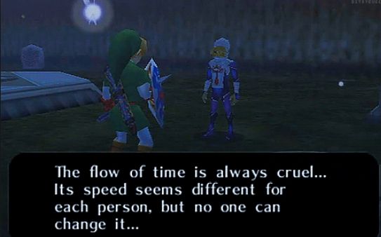 A screenshot from Ocarina of Time with Sheik speaking to Link. Text reads "The flow of time is always cruel... Its speed seems different for each person, but no one can change it..."