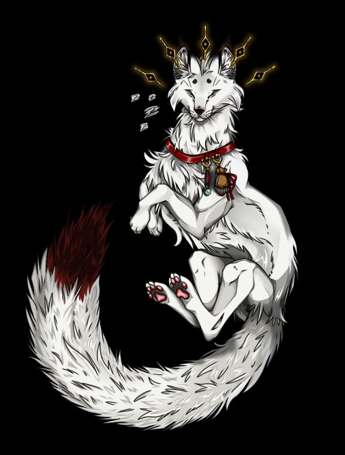 A white furred fox with black tipped ears and tail floats in a gray void. Eye-like sigils float around their head as their eyes remain closed. They wear a red collar with a green gem hanging from a string, and a medicine pouch edged in beadwork, handing from clasps on the collar. In their paws they gently hold a jar filled with rocks and crystals. (Art by @thedevouringkey.vtubers.social)