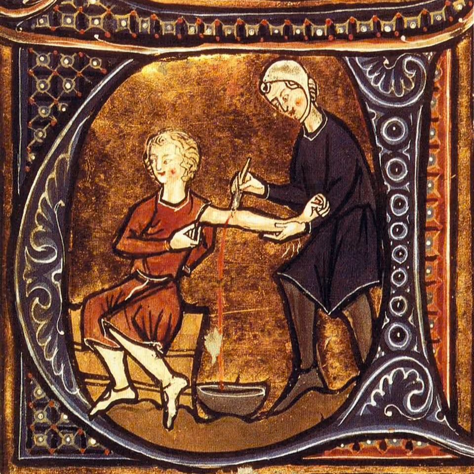 medieval tapestry painting featuring bloodletting. 2 people. 1 removing blood from the other 