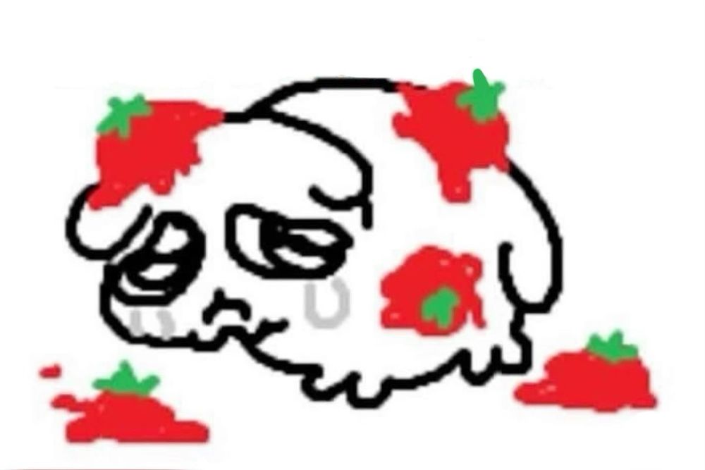 drawing of some sort of sad creature with big sad eyes covered in tomatoes (that have been thrown at the creature)