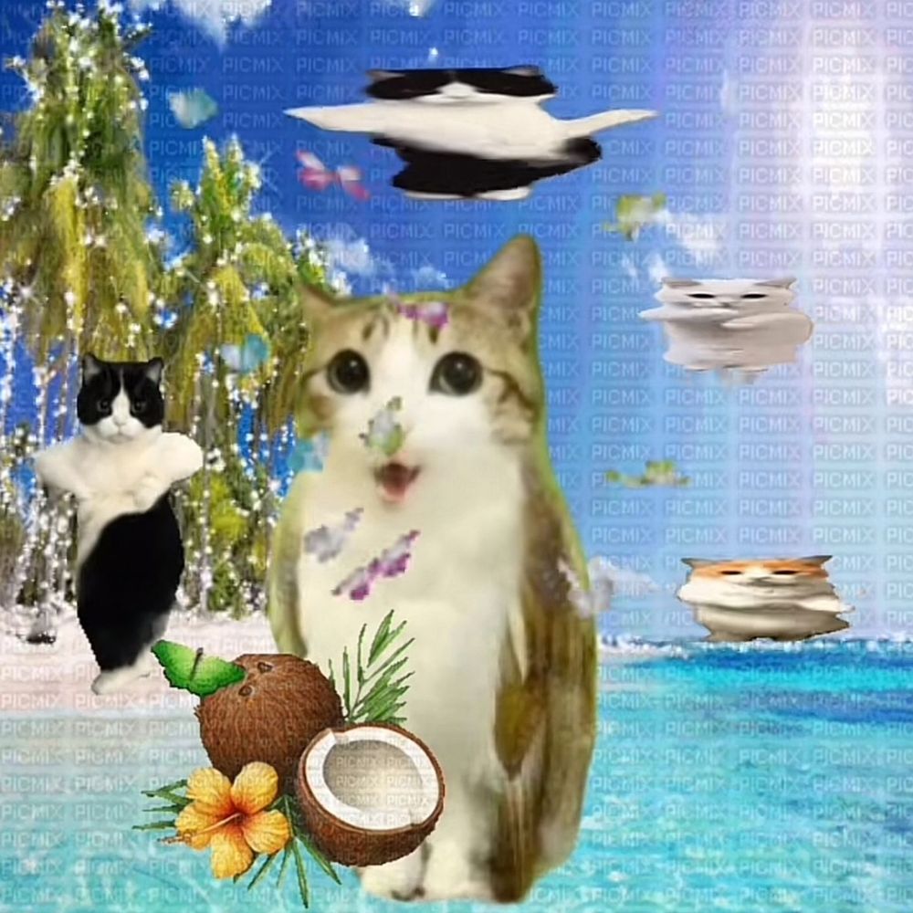 background is a beach setting. dancing cats in the background. a happy cat in the foreground. coconuts in front of the cats