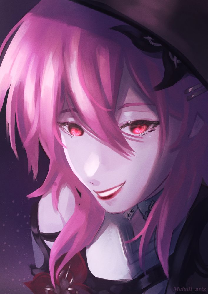 Dark version of March 7th from HSR in her new SP form, staring at the viewer mysteriously