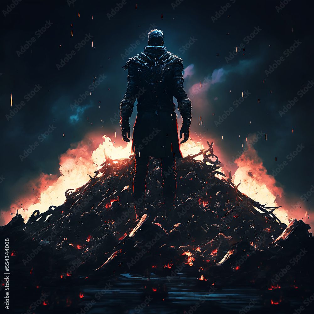 Stock image of man standing near burning pile of corpses and weapons. 