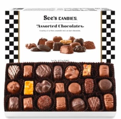 A box of See's candies assorted chocolates