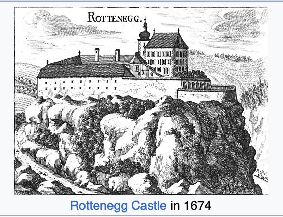 Wikipedia screenshot: an illustration of a castle labeled “Rottenegg” and the caption “Rottenegg Castle in 1674"