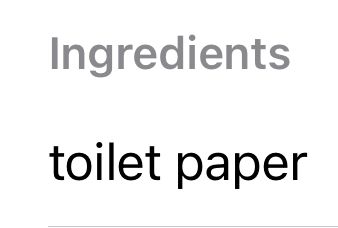 Screenshot of a grocery list manager listing “toilet paper” under “ingredients”