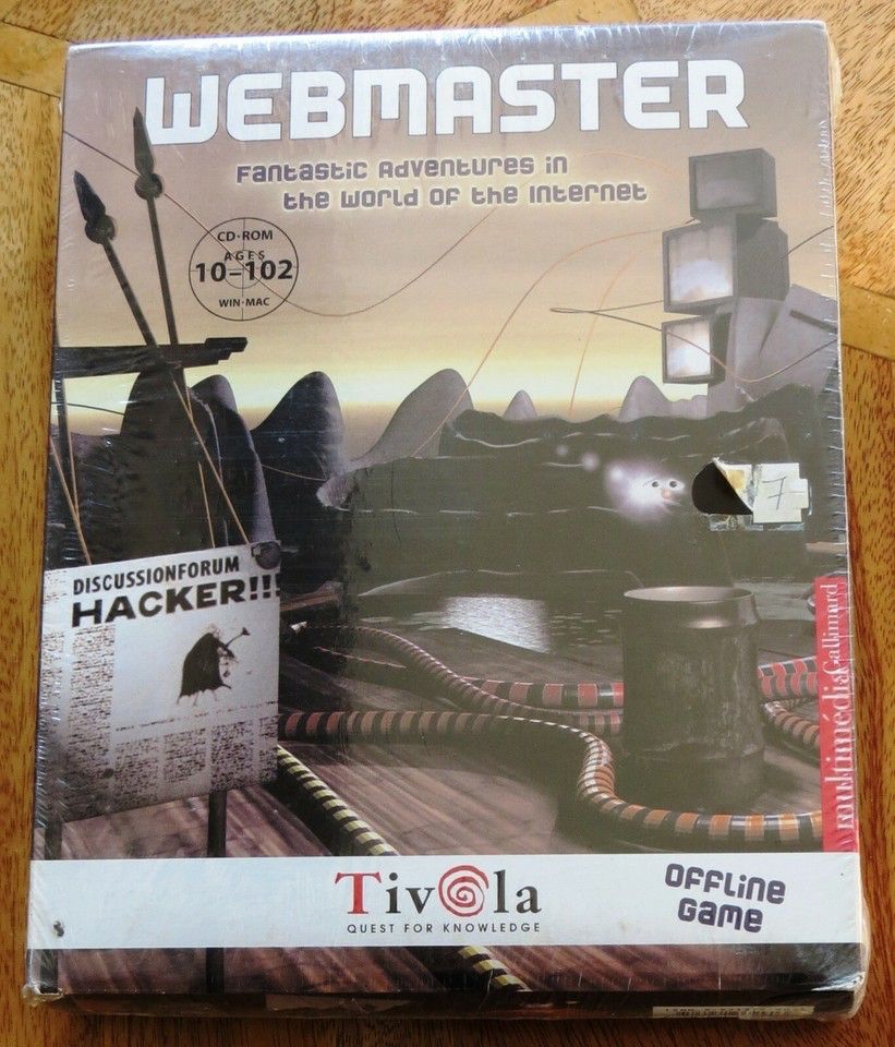 Photo of the box for a game titled “Webmaster”, subtitled “Fantastic adventures in the world of the internet”, depicting a surreal cyber world and a newspaper headline titled “Hacker!!”