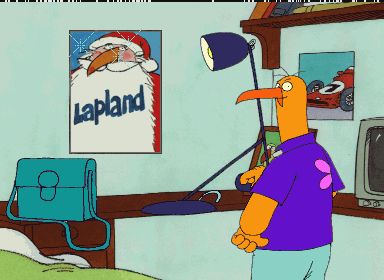 Screenshot of Wuzzo showing a bird character standing in his apartment while looking back at the screen.