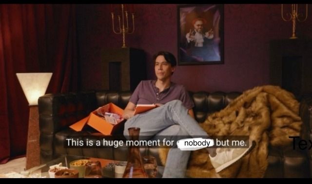 Zack Oyama from Dropout's Gamechanger episode Ratfish on a couch.(altered quote) "This is a huge moment for nobody but me"