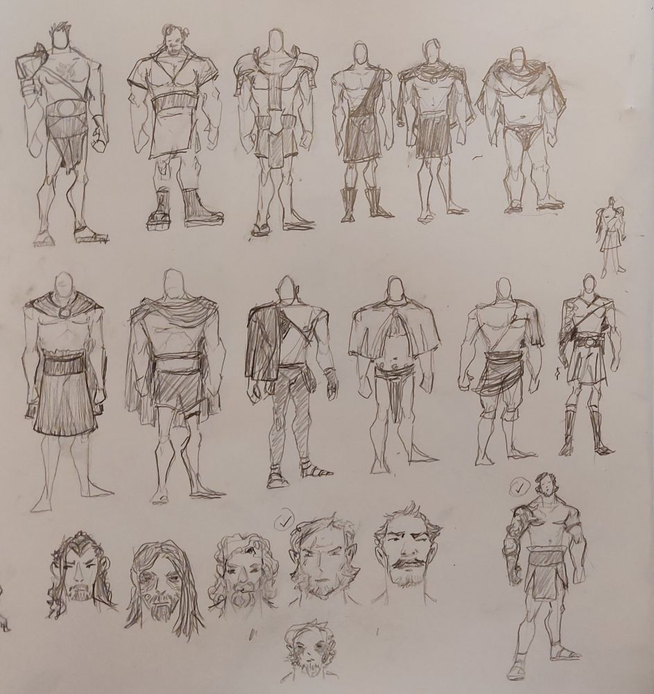 Thumbnail sketches showing various body, clothing, and face variations.