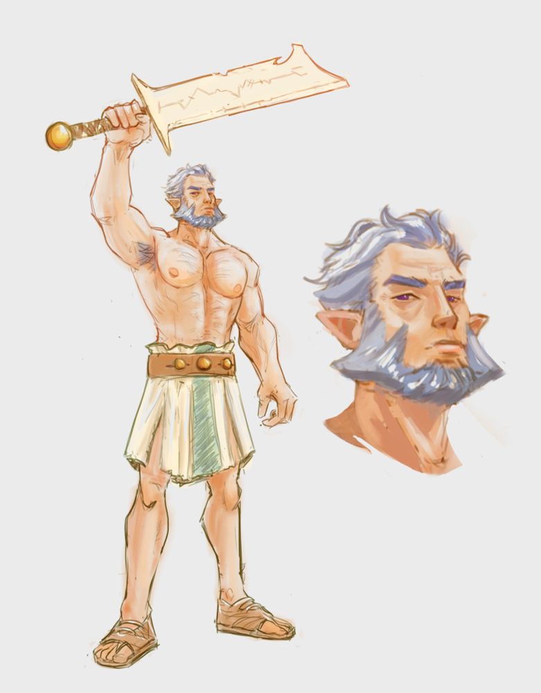 Heroic man standing with a bone sword over his head and a close-up of his face.