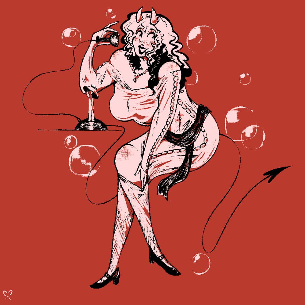Art piece depicts a scratchy devilish woman figure on an old phone with bubbles behind her.