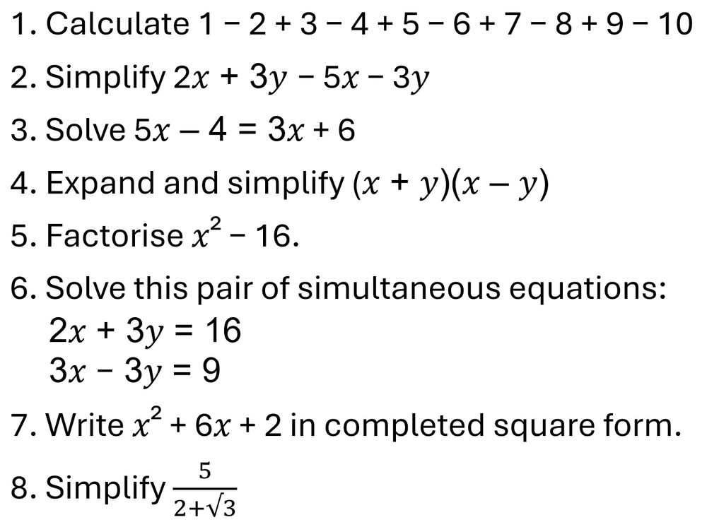 A set of 8 questions, all of which use the idea of zero pairs, ranging from simple addition and subtraction to simplifying surds.