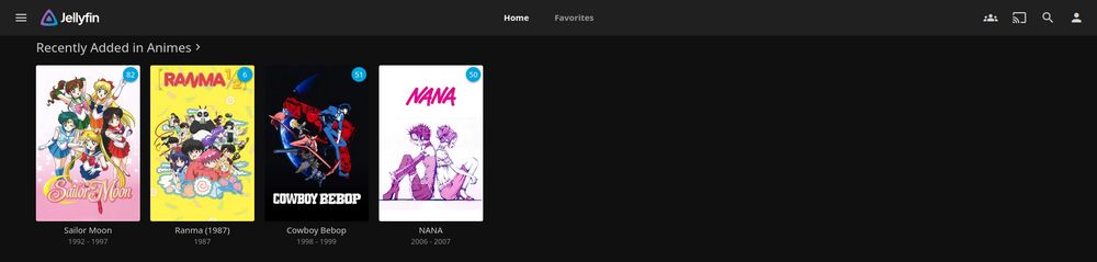 catálogo virtual de mídia, na seção de "adicionados recentemente em animes" contendo sailor moon, ranma, cowboy bebop e nana