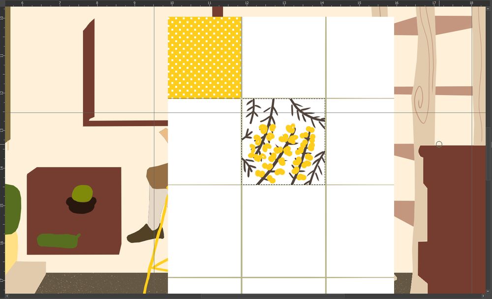 print do software de pintura onde uma colcha de base branca está sendo pintada os seus retalhos