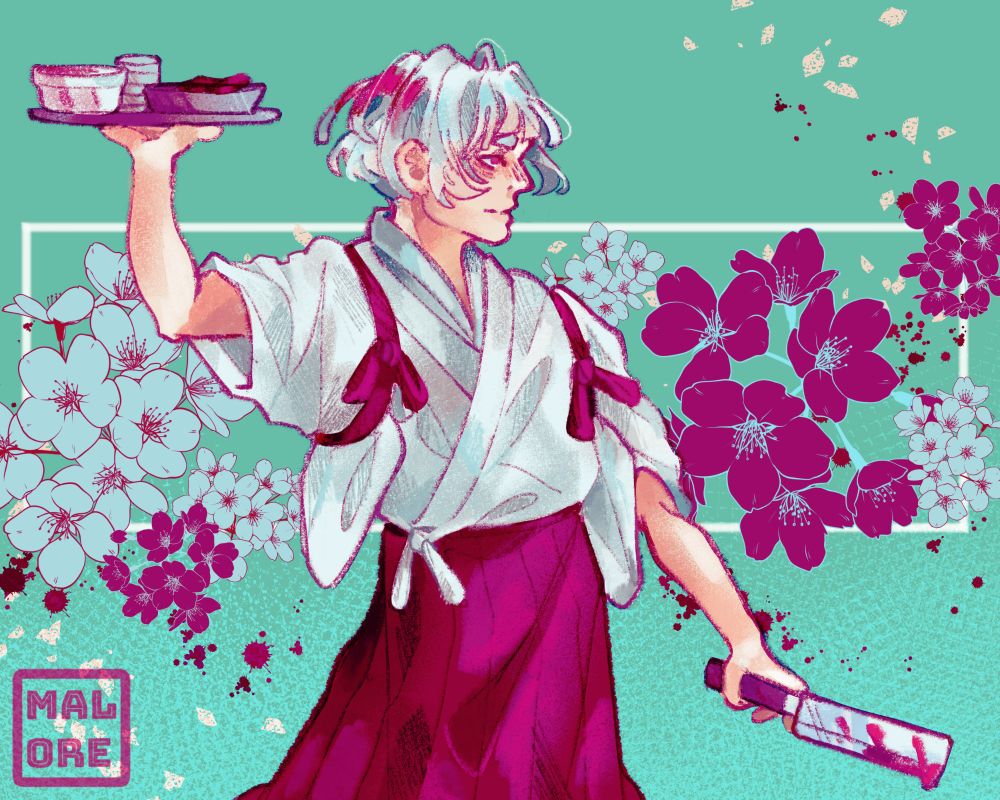 Uraume from JJK standing witha tray of food and a bloody clever, the colour palette is keep in turqoise and pink
