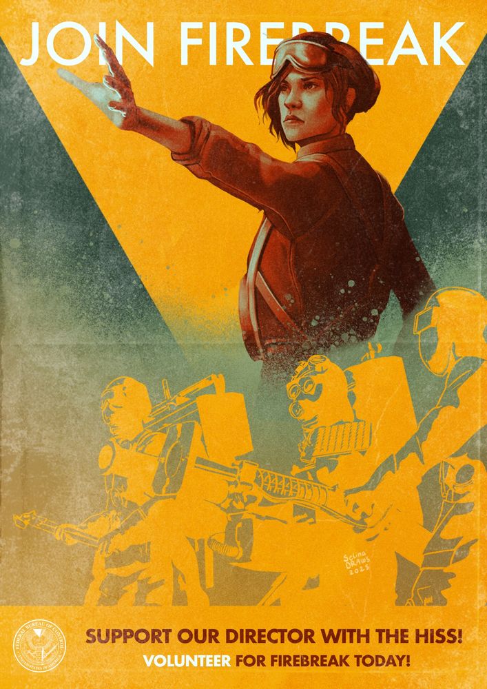 A recruitment poster for the game firebreak with jesse faden and the playable characters