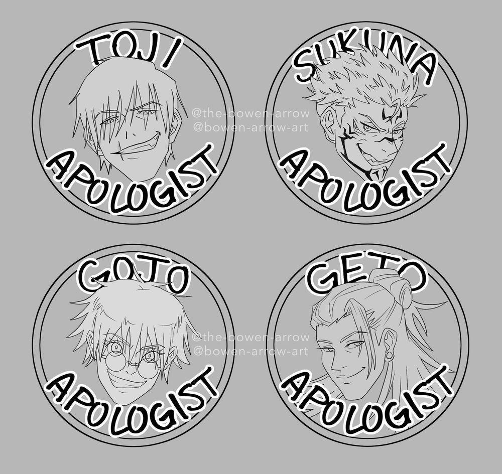 Circular apologist stickers for Toji, Sukuna, Gojo, and Geto from JJK. 