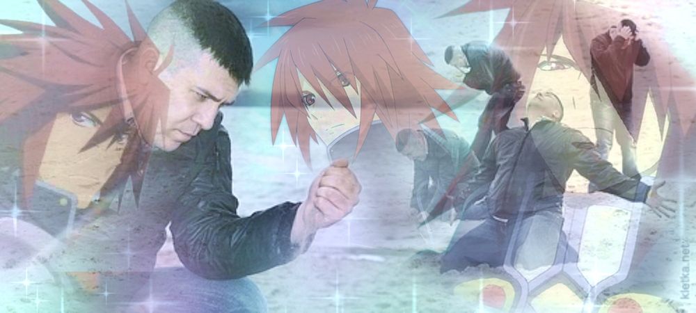 Sad guy beach meme superimposed with sparkly images of the heart throb Kratos from Tales of Symphonia 
