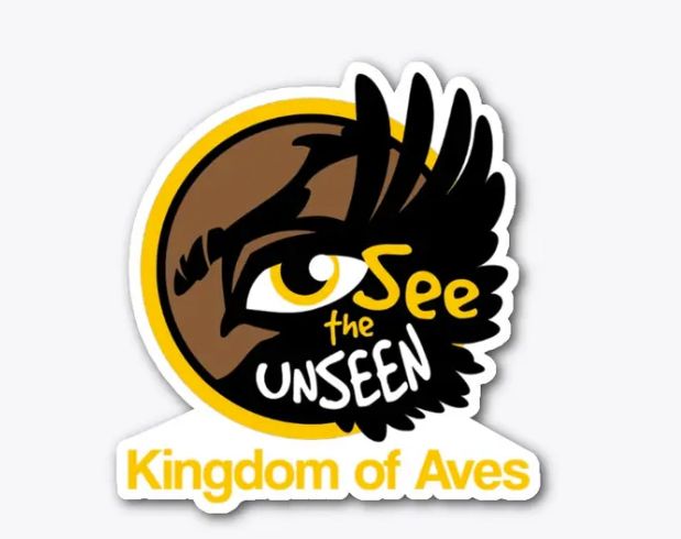 The is a picture of a yellow colored eye surrounded by a black wing with the words Kingdom of Aves in yellow.