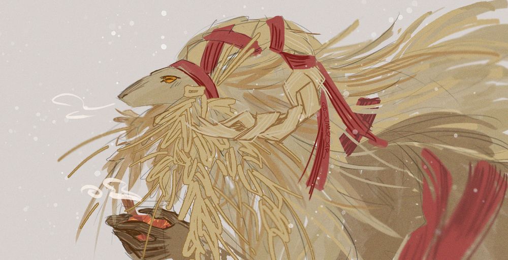 depiction of yule anthro goat from straw holding glogg