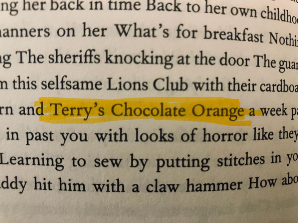 closeup photo of a page of a book. the phrase "terry's chocolate orange" has been highlighted in yellow