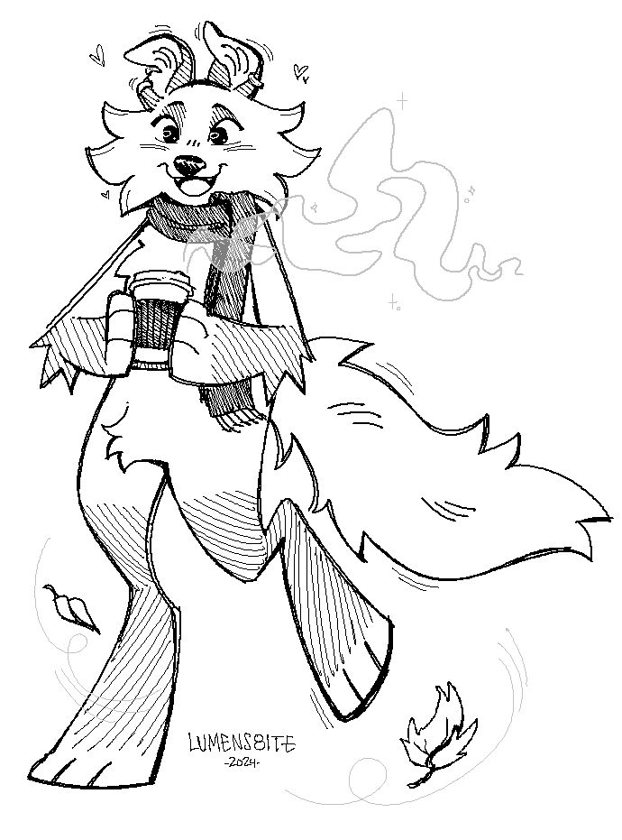 Digital MSPaint drawing of a rough collie happily walking with a hot coffee in hand, bundled in a scarf as leaves blow by.