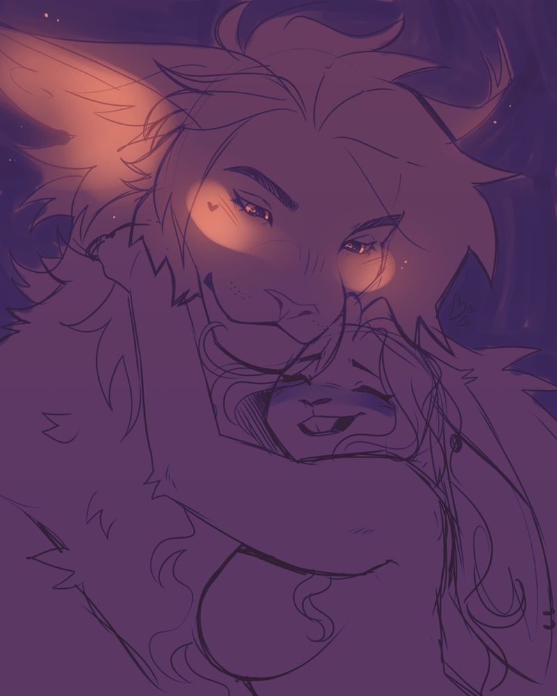 Digital drawing of a big lion-hybrid tenderly being hugged by a small rabbit.