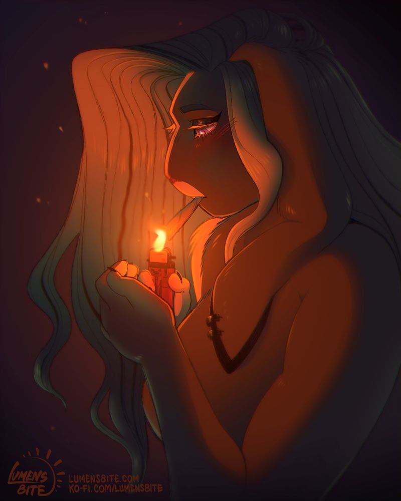 Digital portrait of an anthropomorphic rabbit with long hair cupping a lit lighter and lighting a joint.