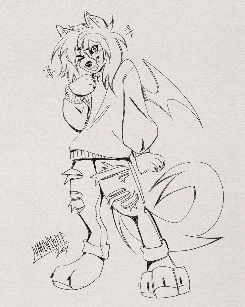 Digital drawing of a demon dog mischievously giggling.