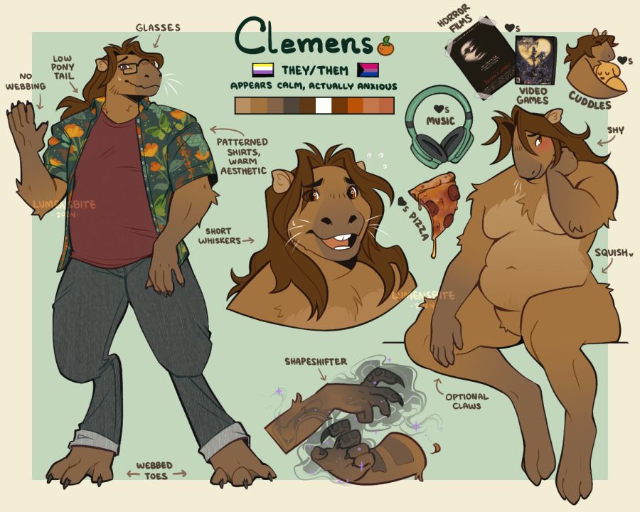 Digital character reference sheet of a capybara. It's details their interests, fashion sense, and shapeshifting capabilities.