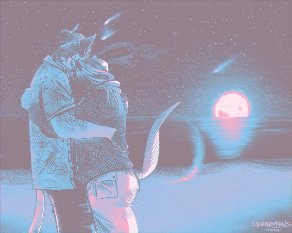 Digital drawing of an anthro cat and dog embracing while watching the moon on the beach horizon as shooting stars pass by.