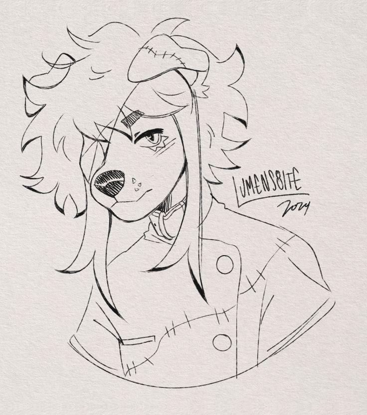 Digital drawing of a Frankenstein pup looking nonchalant.