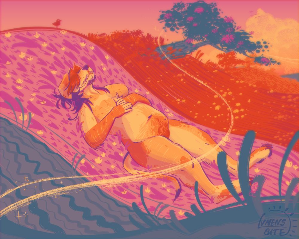 Digital drawing of an anthropomorphic dog laying in a colorful field of flowers. 