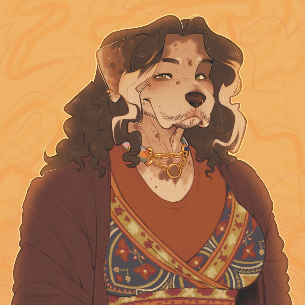 Digital portrait of an anthropomorphic catahoula leopard dog. He has long curly hair with two blonde streaks on either side of his face. He's wearing a martingale collar and a warm toned "boho" style outfit. The background is pale yellow with faint squiggles.