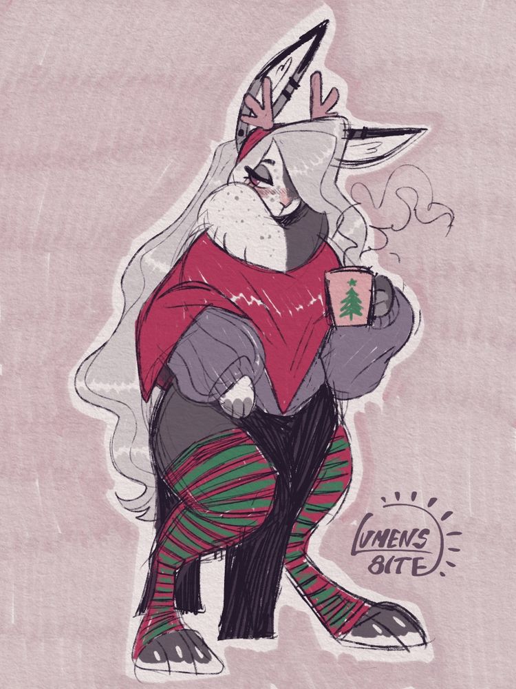 Digital drawing of a Harlequin rabbit holding a christmas mug while wearing reindeer horns, a red poncho, purple sweater, and green and red stripped thigh highs.