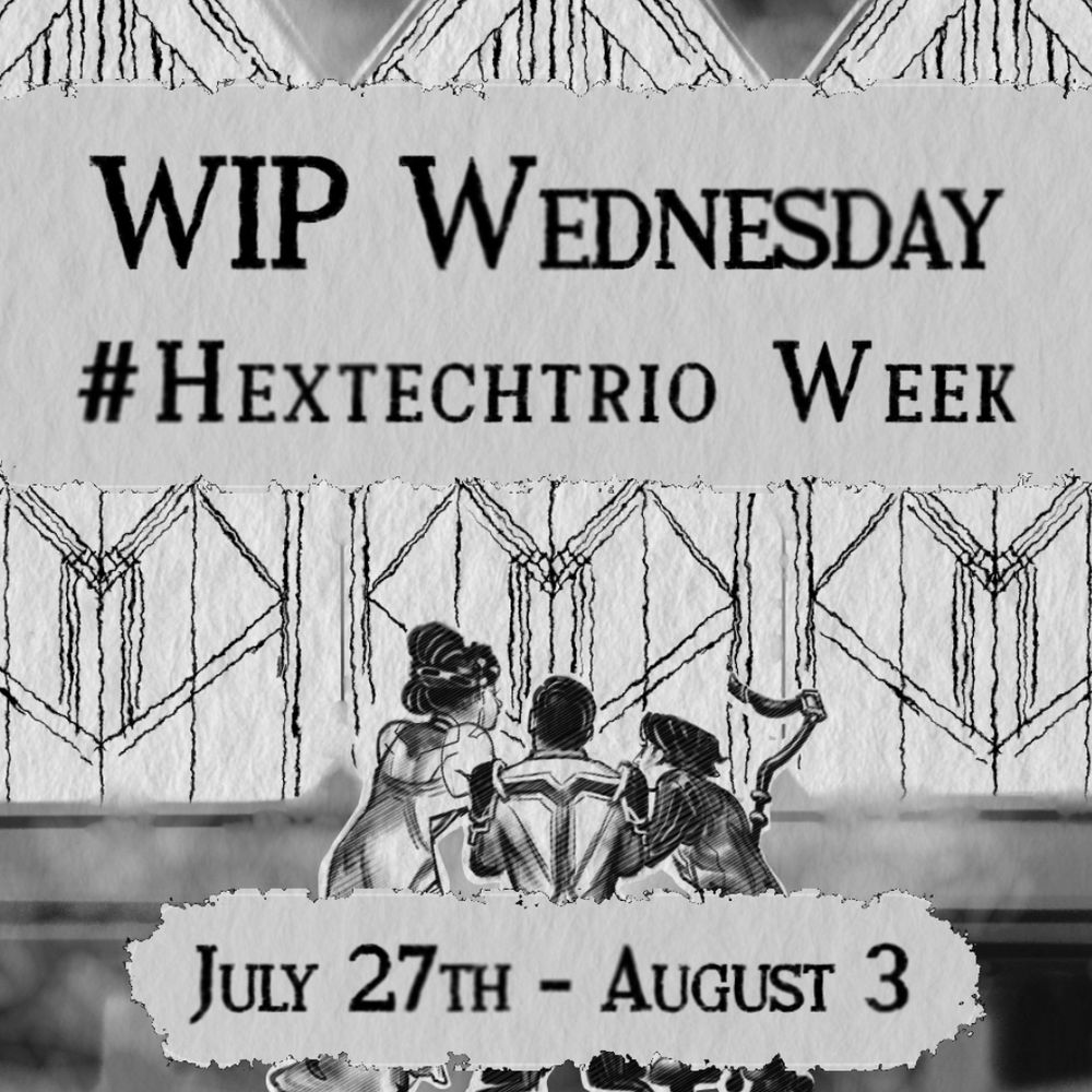 A drawn piece of Mel, Jayce and Viktor from Arcane, they're in the lab hunched over something glowing.
On top of the characters it reads "#WIP Wednesday Hextech trio"
