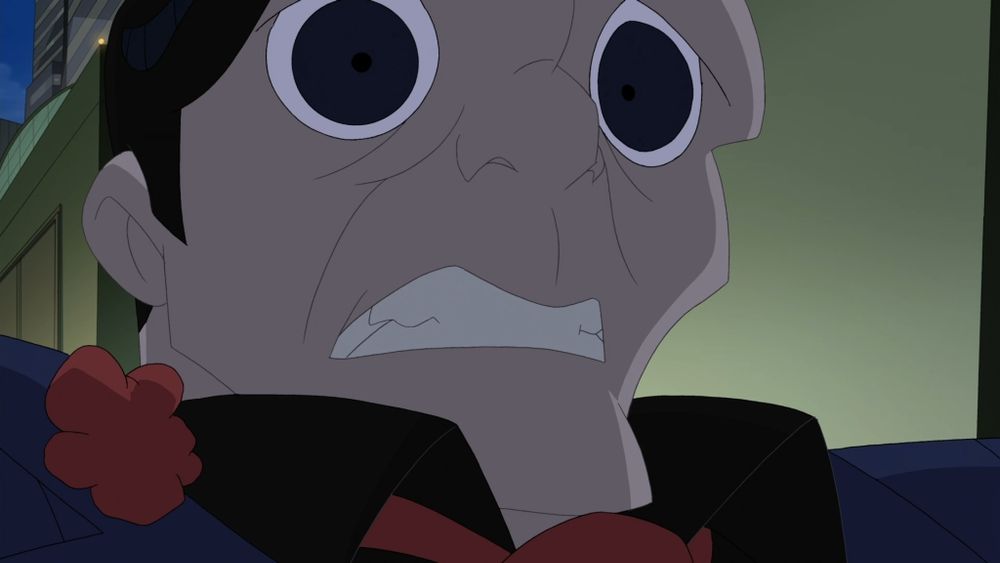 Extreme closeup on the distorted face of big-eyed Hammerhead from The Spectacular Spider-Man episode "Accomplices"