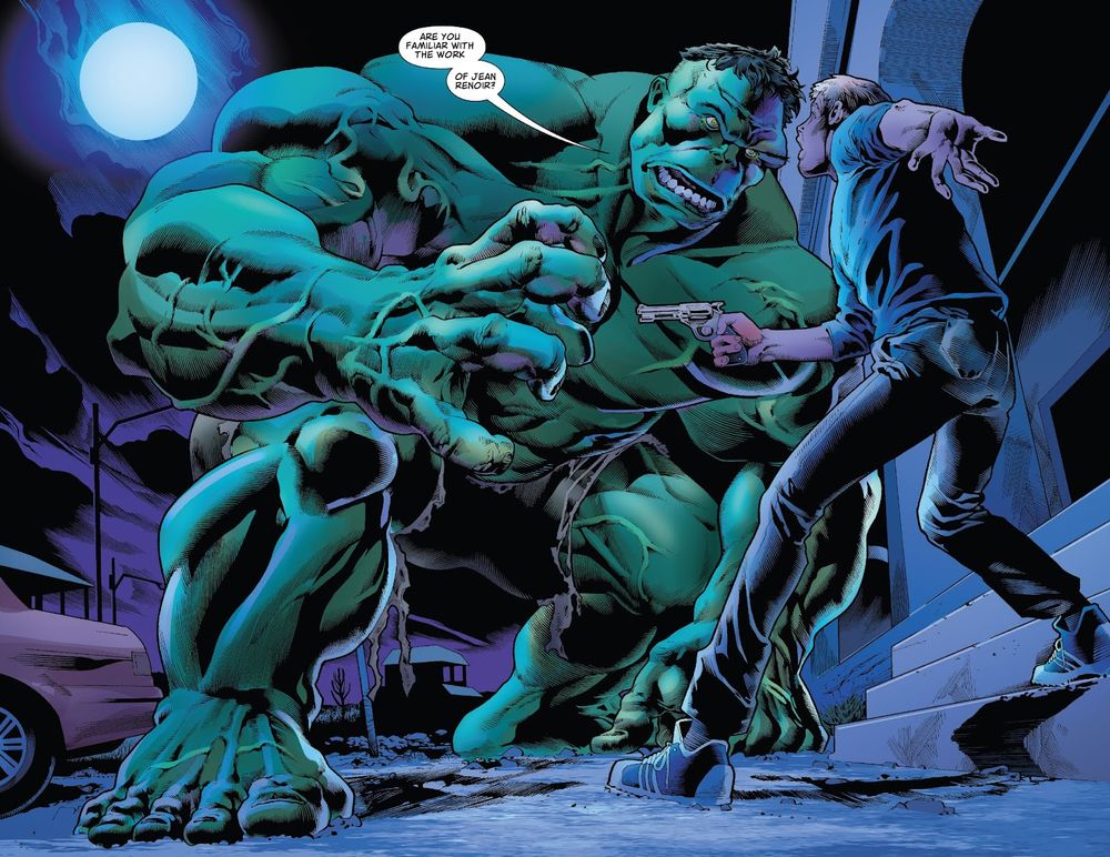The first two-page spread from Immortal Hulk #1, with the Hulk towering over a man. His dialogue has been edited to read "are you familiar with the work of Jean Renoir?"