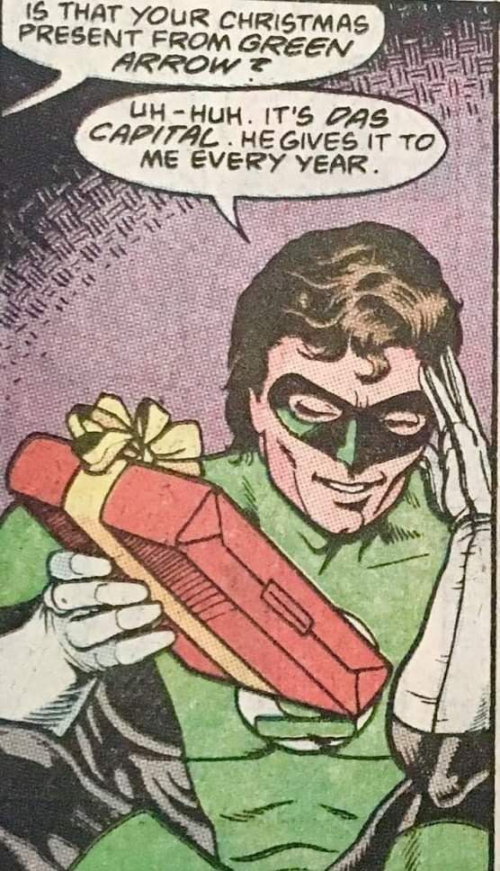 Hal Jordan amused because Ollie got him Das Capital for Christmas