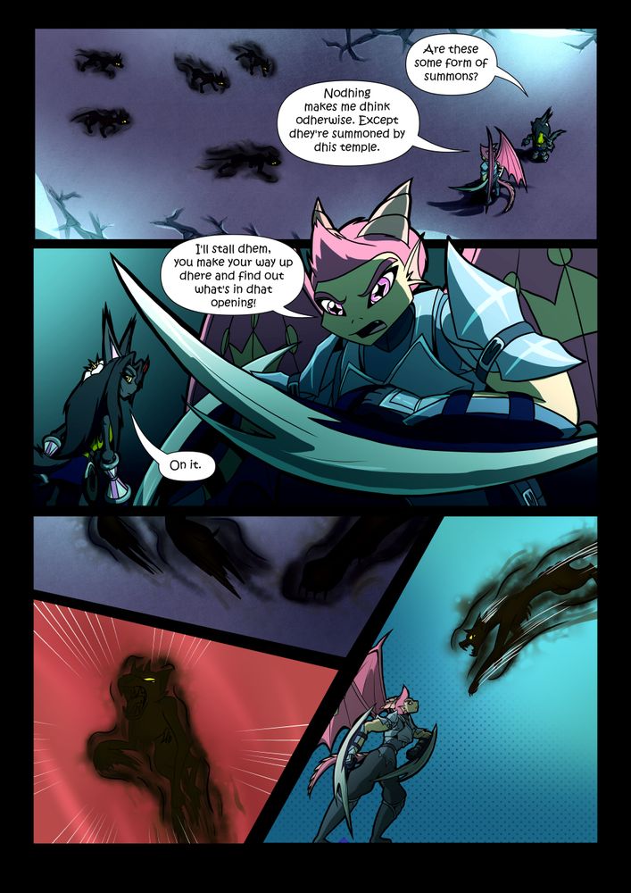 The duo watches the appeared creatures slowly surrounding them.

Kellie: Are these some form of summons?
Ninkoul: Nodhing makes me dhink odherwise. Except dhey're summoned by dhis temple. I'll stall dhem, you make your way up dhere and find out what's in dhat opening?
Kellie: On it.

One of the summons finally leaps towards Ninkoul, aiming to pounce on top of him.