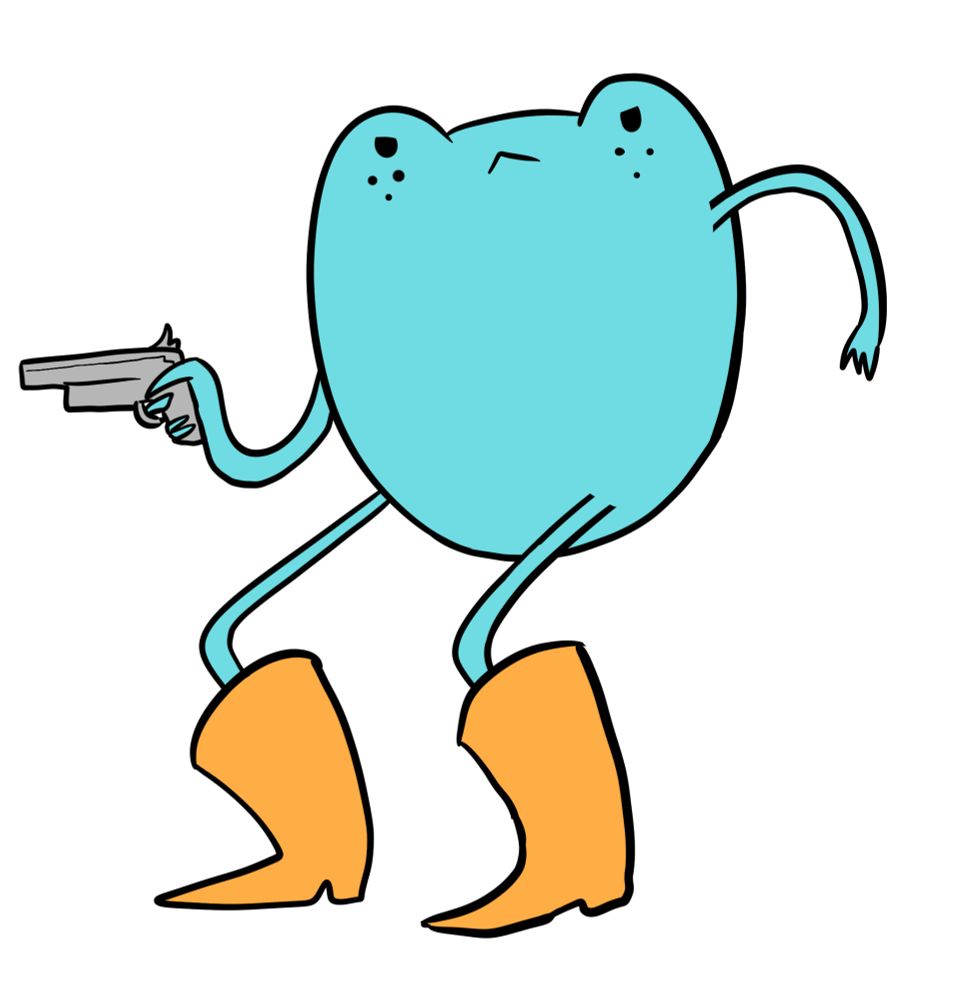A blue frog in orange boots holds a gun, ready to shoot.