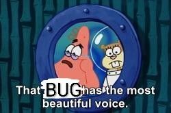 Patrick Star the pink sea star and Sandy Cheeks the brown squirrel in a dive suit from the SpongeBob SquarePants cartoon look in through a window. Patrick wipes away a tear with the text "That bug has the most beautiful voice "