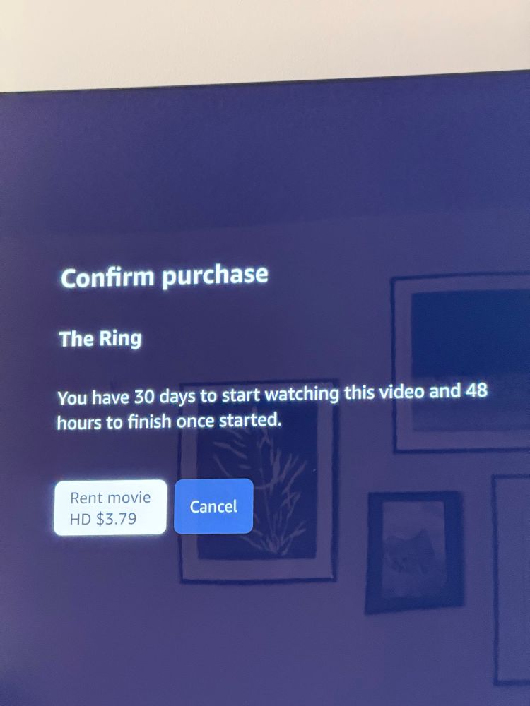 A video on demand movie rental screen showing the title The Ring. A sentence underneath says “you have 30 days to start watching this video”
