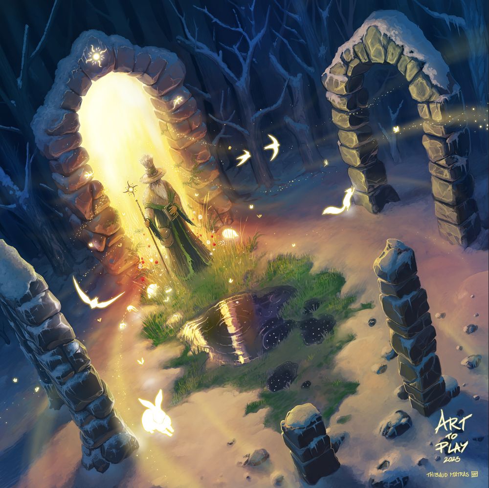 Illustration sur le thème de l’Été.
Dans un décors nocturne et enneigé, un magicien sort de l'une des quatre portes en pierre d'une ruine. Avec lui, le jour, la chaleur et des animaux de lumière entre dans la scène, symbolisant l'arrivée de l'Été.