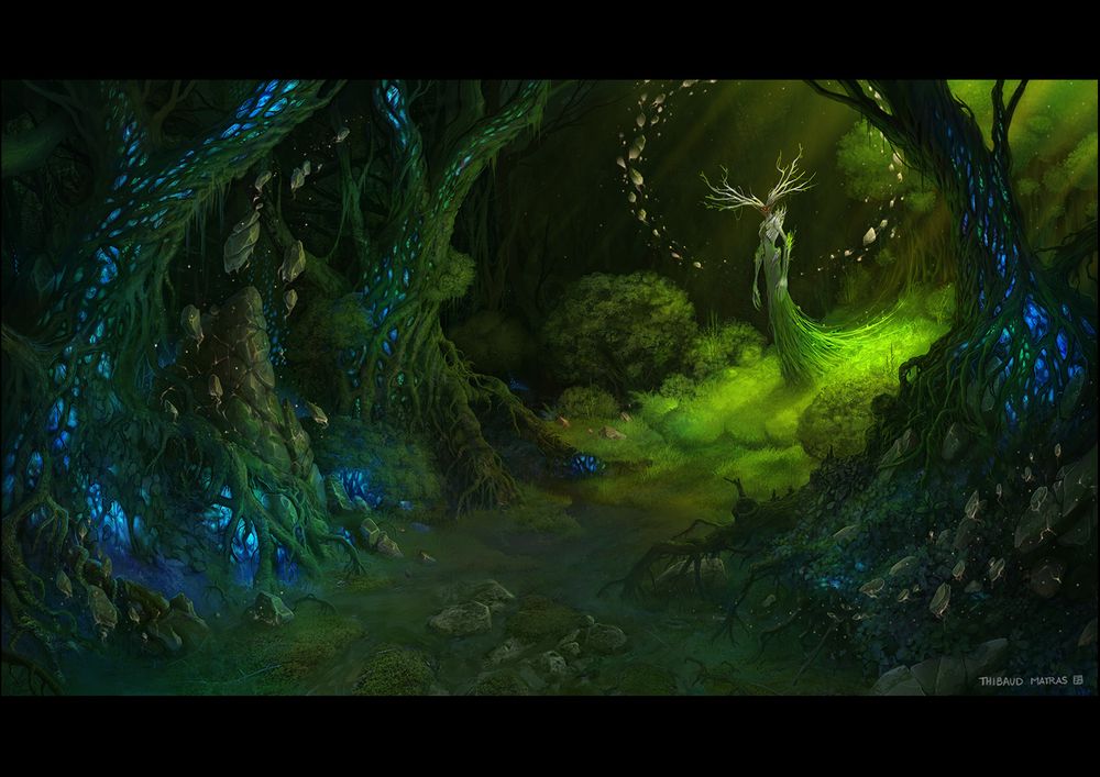 Un être humanoïde avec des bois de cerf et des yeux nombreux et rouges, entièrement végétalisé, fixe la caméra. Il est éloigné, au centre d'une clairière qui fournit l'une des seules sources de lumière de la forêt environnante. Des pierres tournent autour de lui et s'élèvent à différents endroits. Des arbres brillent d'une lueur bleutée qui émane de l'intérieur de leur tronc. Il y a comme un couloir dégagé qui amène à l'être qui nous observe.