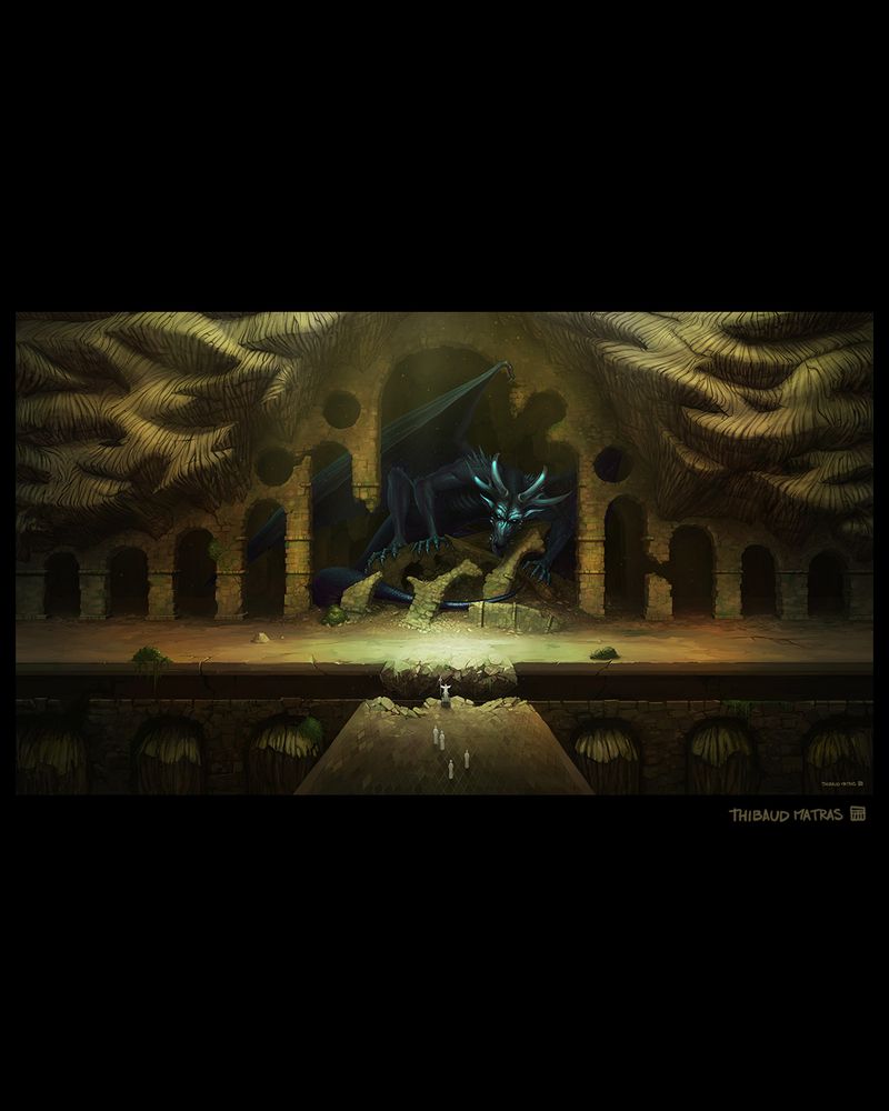 Dans la lumière du jour, un dragon d'ombre est posé sur une ruine, dans une ouverture monumentale conçue sous la montagne. En face de lui, un groupe de personnes vénérant la lumière troublent sont repos.
