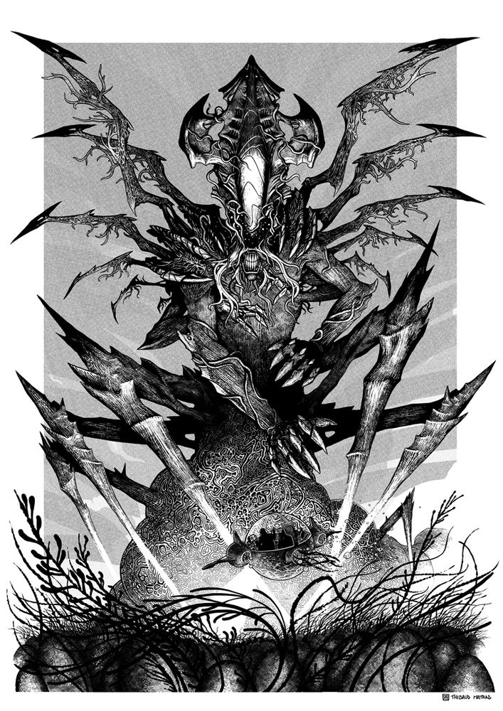 En noir et blanc, la Reine des Aliens mélangé à Chtulhu. La créature se dresse en hauteur devant un petit véhicule sous-marin sphérique qui navigue entre les œufs aliens et les algues.
Style encrage avec beaucoup de détails.