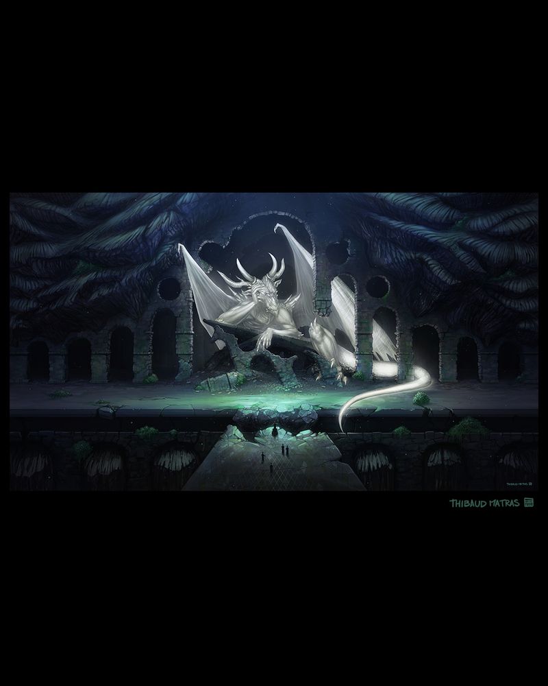 Dans la nuit, un dragon de lumière est posé sur une ruine, dans une ouverture monumentale conçue sous la montagne. En face de lui, un groupe de personnes vénérant l'obscurité troublent sont repos.